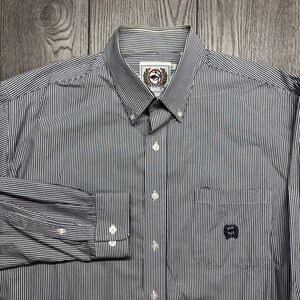 Cinch Mens Large Navy White Striped Cotton Button Down Western Shirt Long Sleeve